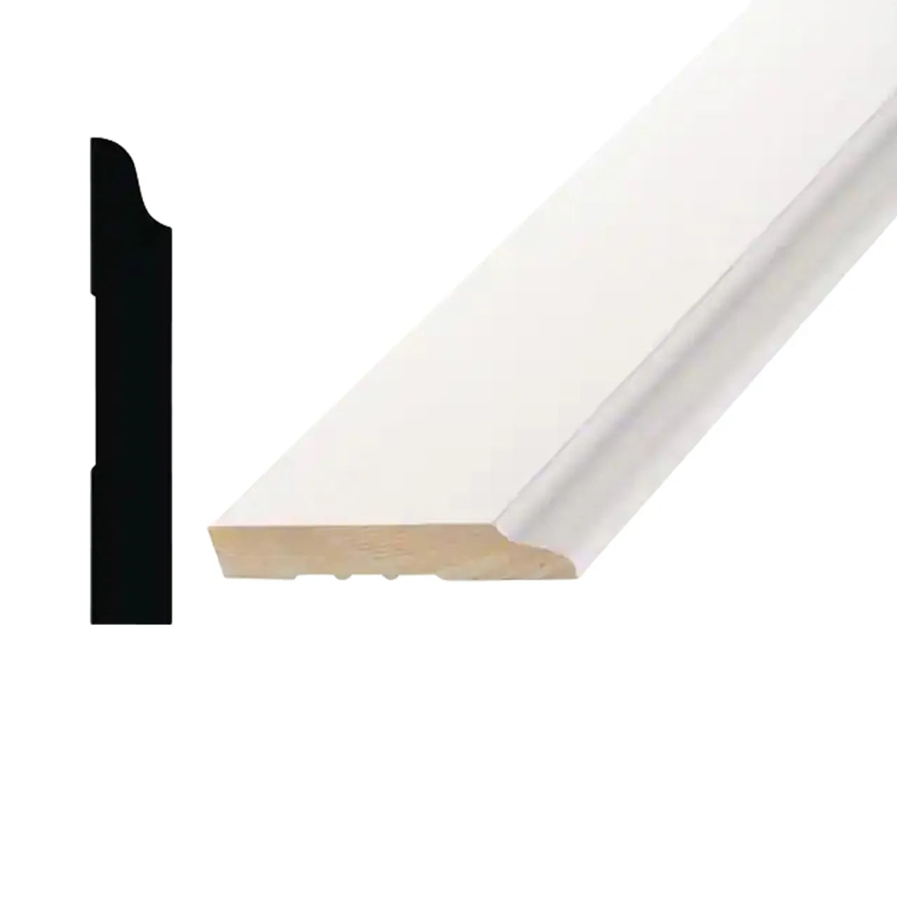 The Go Build 9/16 in. x 3-1/2 in. x 12 ft. Primed Pine Wood Finger-Jointed Baseboard Moulding Pro-Pack is shown with its black profile, highlighting the trim’s beveled and curved design for a clean, modern finish.